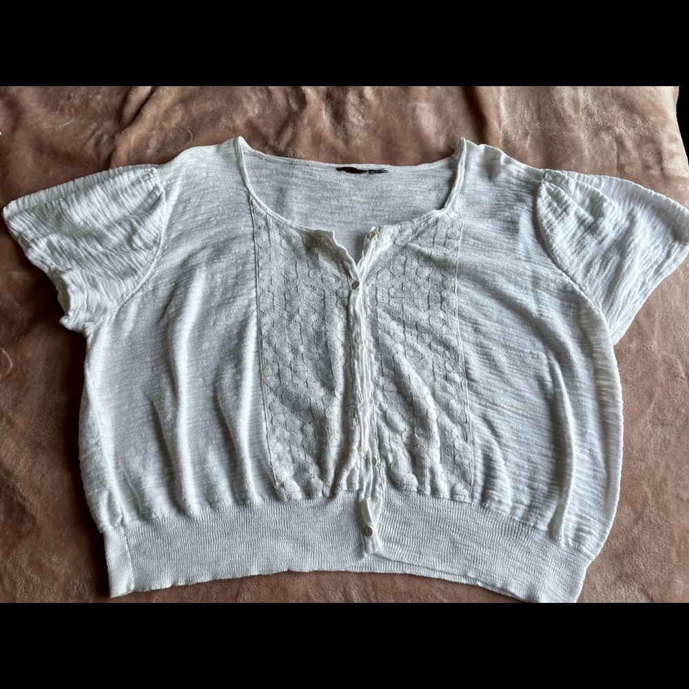 Torrid White Short Sleeve Cardigan Sweater with Lace Inset Size 3